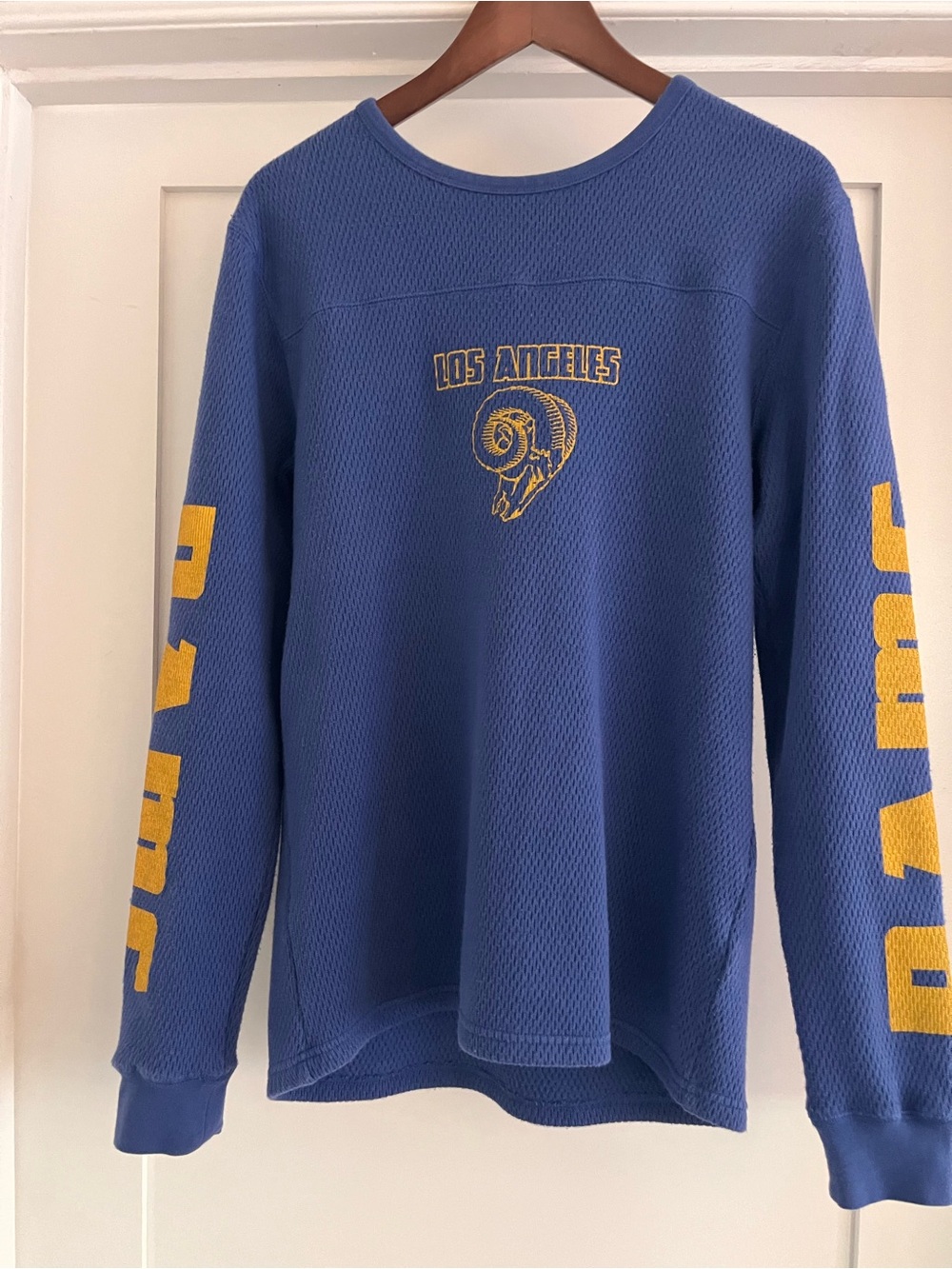 Junk Food Clothing Blue Crewneck with Yellow Los Angeles Rams Graphics